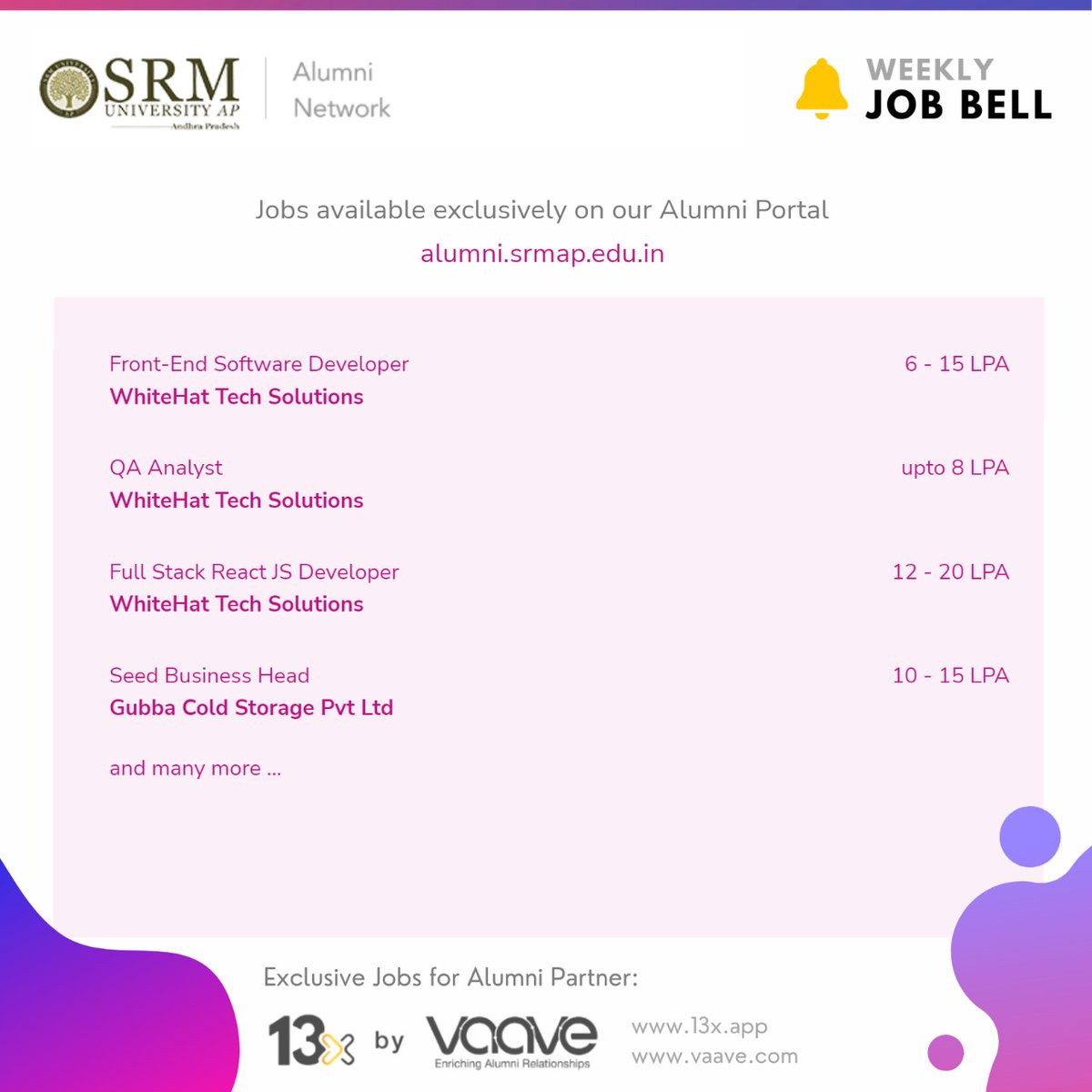 SRMUAP's tweet photo. Are you an alumnus of SRM AP? We have some good news! SRM University-AP in partnership with #Vaave has started an executive hiring program for better career opportunities. These are a few interesting openings exclusive for Alumni.
#SRMAlumni #alumnijobs #SRMAP #SRMUAP https://t.co/eZMXH8f4Ey