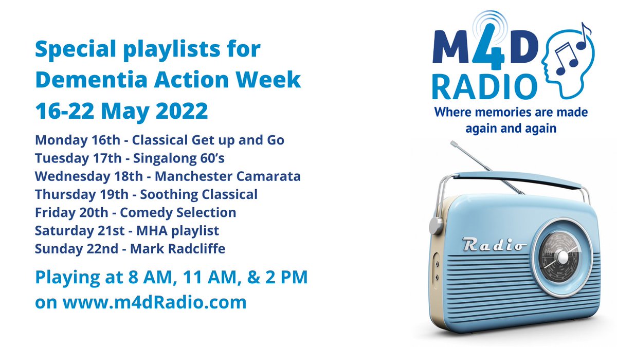 For #DementiaActionWeek (16-22 May, 2022), we're featuring a different special playlist each day to comfort, motivate, soothe and inspire you and your loved ones living with #dementia.

To "tune in", go to 👉 m4dradio.com

#musicfordementia #DAW2022 #radio #music