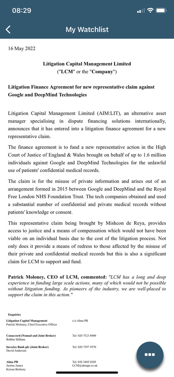 oli_weeks's tweet photo. #LIT #LCM #LitigationCapital funding a case against #google over the misuse of private information. This could be huge https://t.co/hWsxzLHEwy