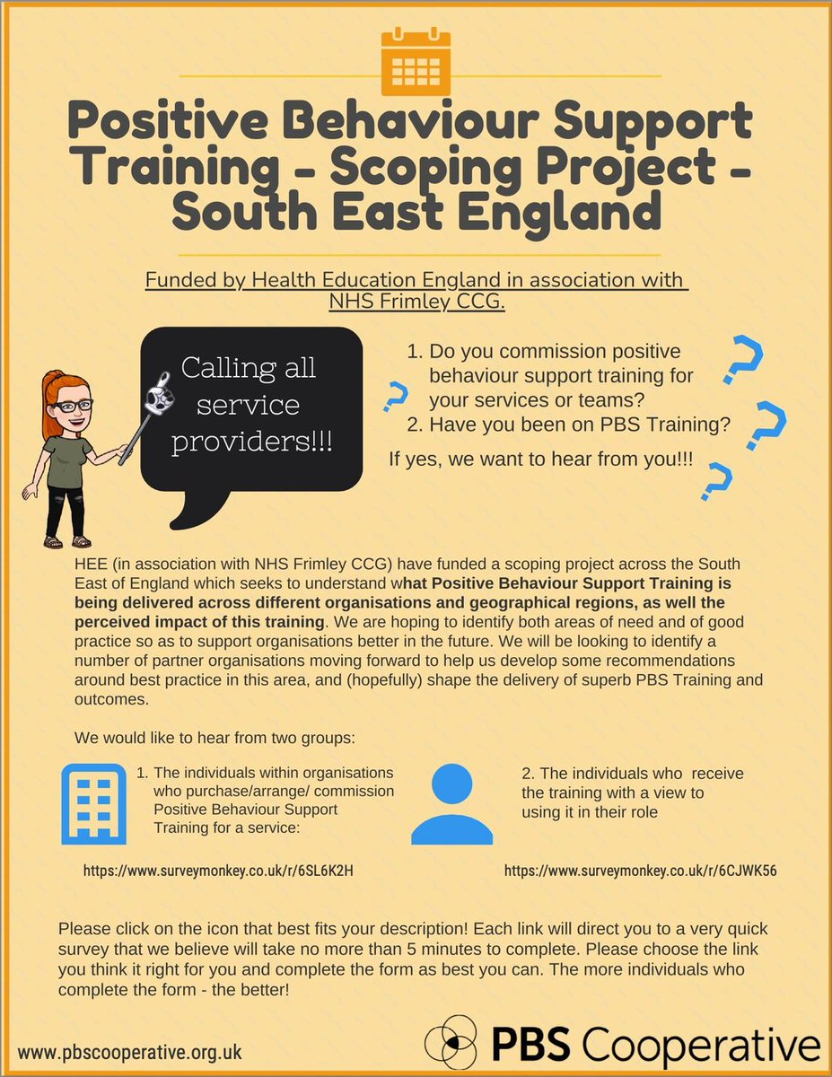 PBSuk2's tweet photo. Calling all service providers in the South East of England! 
We need your feedback as part of project funded by HEE and NHS Frimley CCG who are trying to better understand where PBS training is really working - and where there are gaps.

See the attached poster and links below https://t.co/apOZP9p0fA