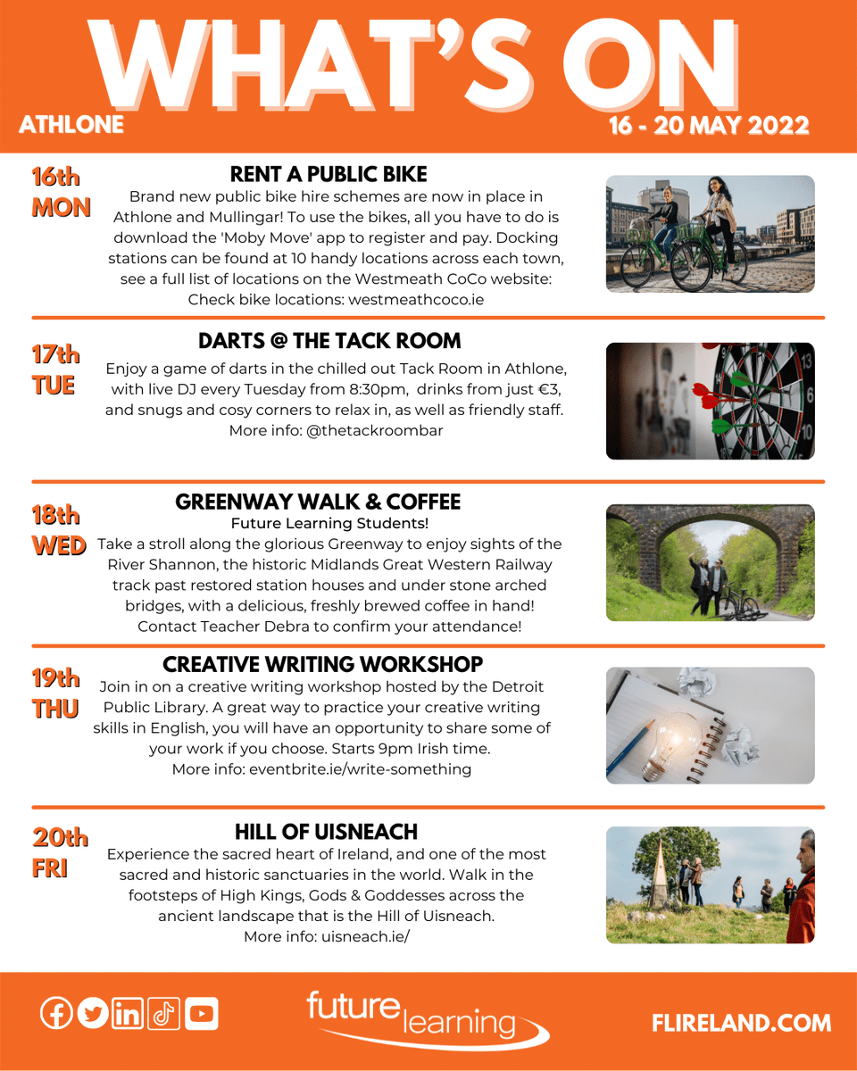 flireland's tweet photo. #WhatsOn in #Athlone this week?
🚲Rent a #publicbike @westmeathcoco
🎯Game of #darts @ TheTackRoom @athloneie
☕️#CoffeeAndWalk along #AthloneGreenway
📝#CreativeWritingWorkshop @detroitlibrary
🏞#Visit the #HillofUisneach @UisneachFire
#socialprogramme #thingstodoinAthlone https://t.co/CrFibUYp3A