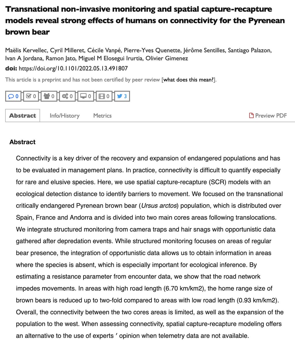 oaggimenez's tweet photo. 📢🥳 First PhD paper submitted by @MaelisKervellec showing that roads impede connectivity in Pyrenean brown 🐻 🇫🇷🇪🇸🇦🇩 w/ spatial capture-recapture models &amp; ecological distance in @oSCR_package w/ @Milleret_Cyril @OFBiodiversite @INEE_CNRS @umontpellier 
https://t.co/GcWUmwgNoP https://t.co/03Ktmaq8rd