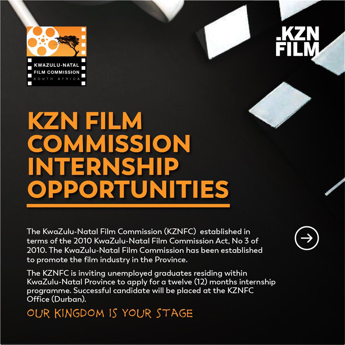 FilmInKZN's tweet image. The KZN Film is inviting unemployed graduates residing within
KwaZulu-Natal Province to apply for a twelve (12) months internship
programme. The closing date is 27 May 2022.
#KZNFilm
#InternshipProgramme