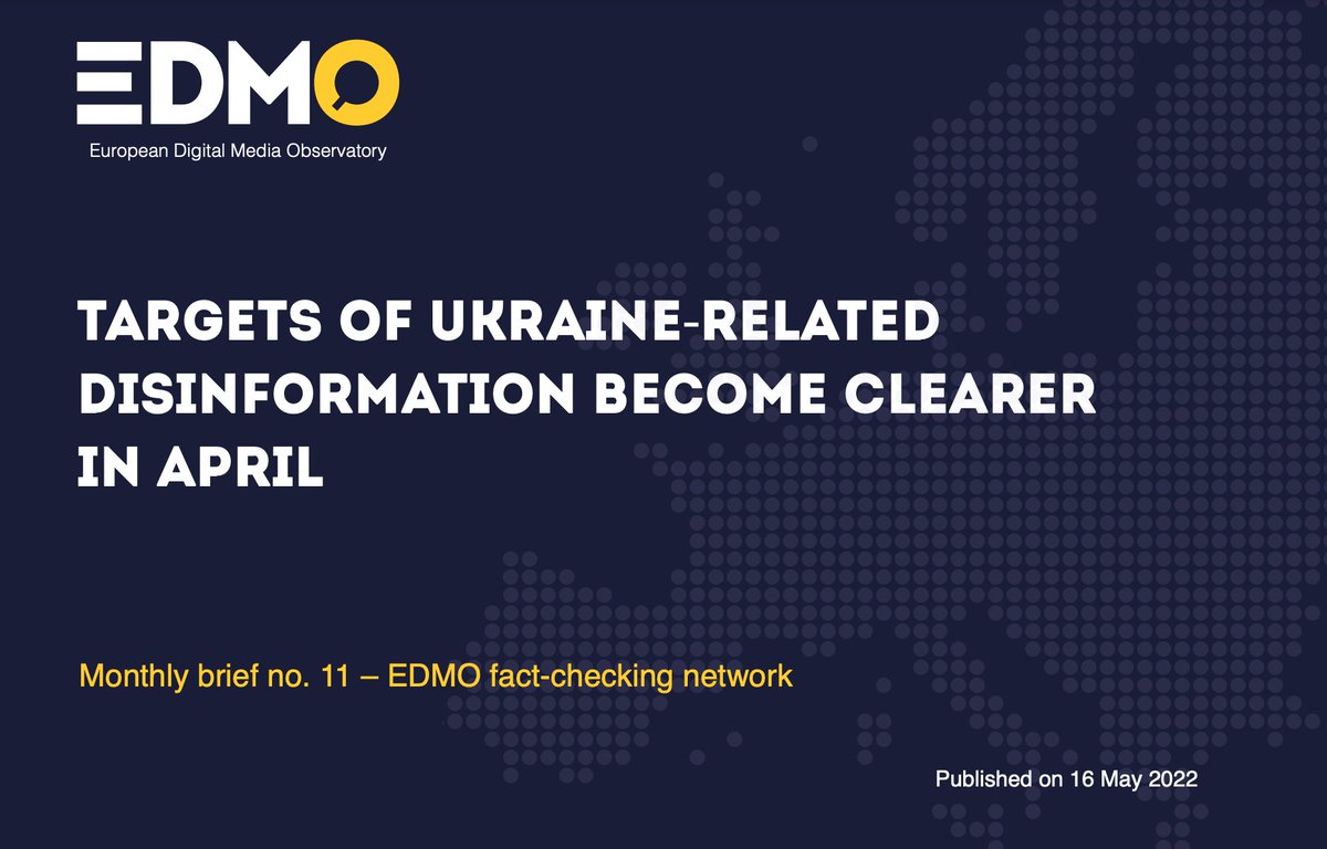 The <a href="/EDMO_EUI/">European Digital Media Observatory</a> brief on the detected disinformation in the EU in April is online! 

edmo.eu/wp-content/upl…

Here's some highlights in particular about Ukraine-related disinformation 👇

After a chaotic beginning, pro-Russia disinformation's targets are becoming clearer (...)