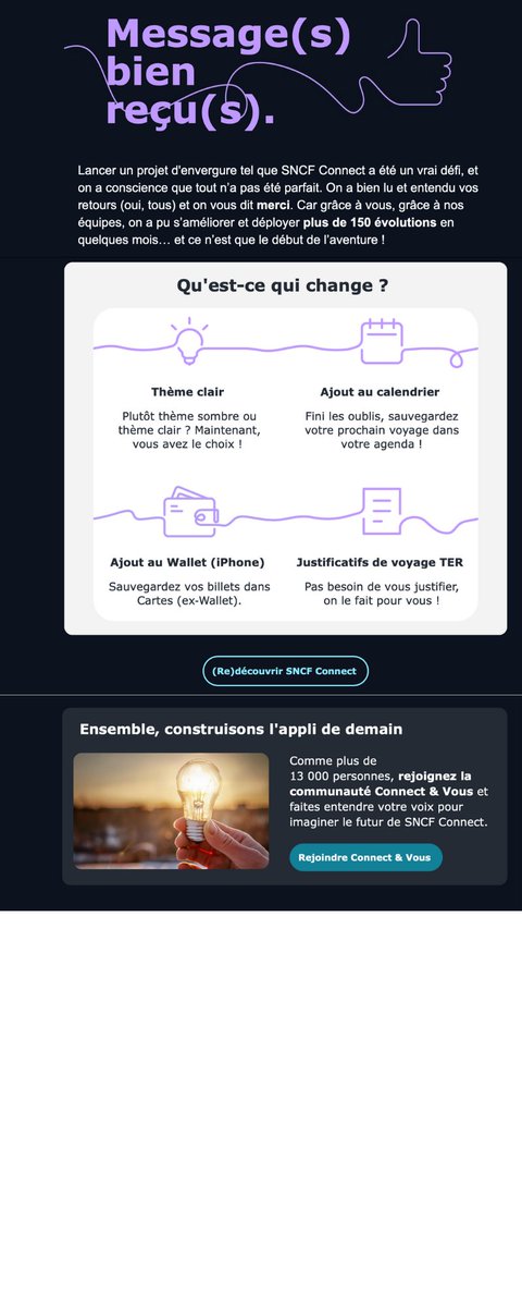Bel effort de <a href="/SNCFConnect/">SNCF Connect</a> qui collecte la #VoixDuClient / #VOC, qui explique clairement ce qu’elle en fait et mise sur la co-construction. Si en plus les trains partent et arrivent à l’heure, c’est parfait !