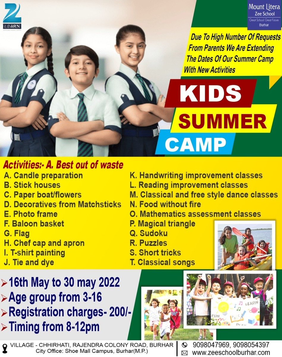 MLZSBurhar's tweet photo. Due to high number of requests from parents we are extending the dates of our summer camp with new activities
Hurry up, Registrations are open for SUMMER FUN CAMP.
#mlzsburhar is extending SUMMER FUN CAMP from May 16 to May 30 2022 for the overall development of your children. https://t.co/j8jyRVDdv0