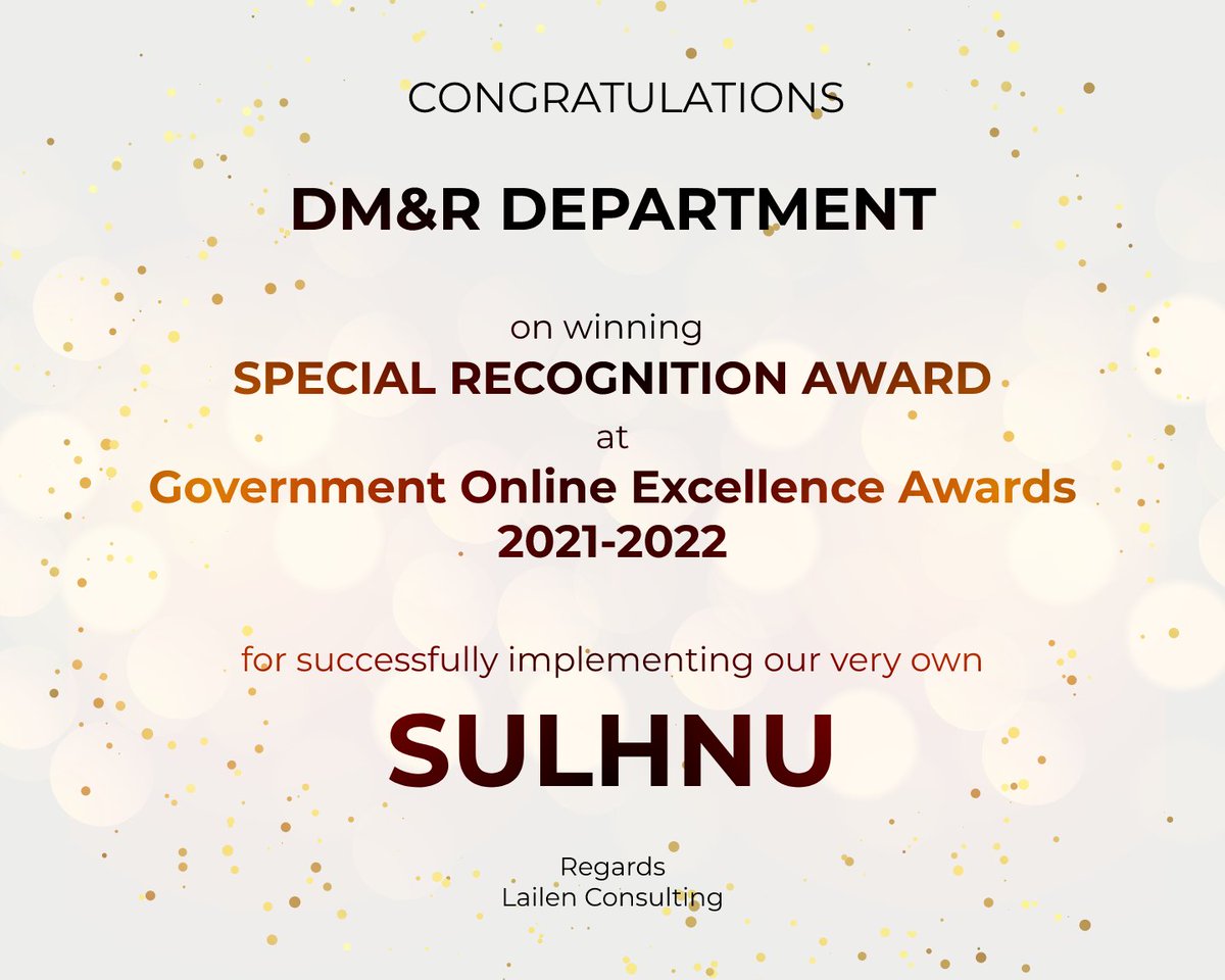 LailenCompany's tweet photo. Congratulations, DM&amp;R Department on winning Special Recognition Award at Government Online Excellence Awards for successfully implementing our very own SULHNU
SULHNU was developed by us during the first wave of covid-19 pandemic as our contribution in fighting against covid-19 https://t.co/v4Hzl6mvUC