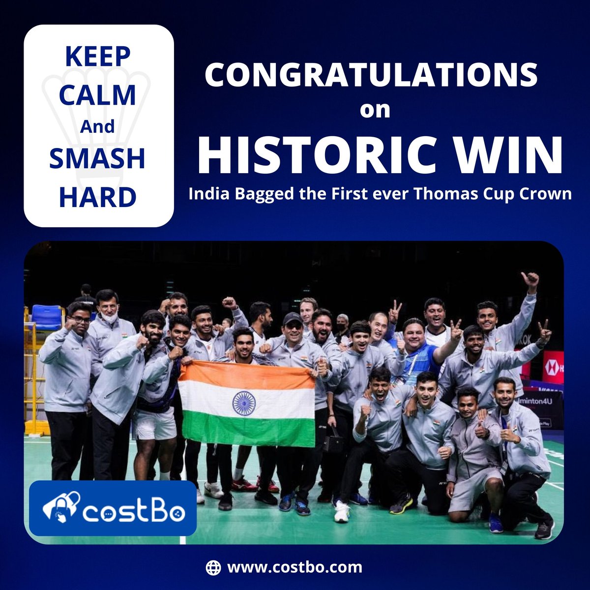 costbo_connect's tweet photo. India Creates History, Beats 14-times Champions Indonesia to win #ThomasCup for the first time in 73years. We are proud of the Indian Badminton team for their historic win at #ThomasCup2022
#TeamIndia #Badminton #Costbo #IndiaBadminton #mondaymotivaton https://t.co/pX7ERCwCyq