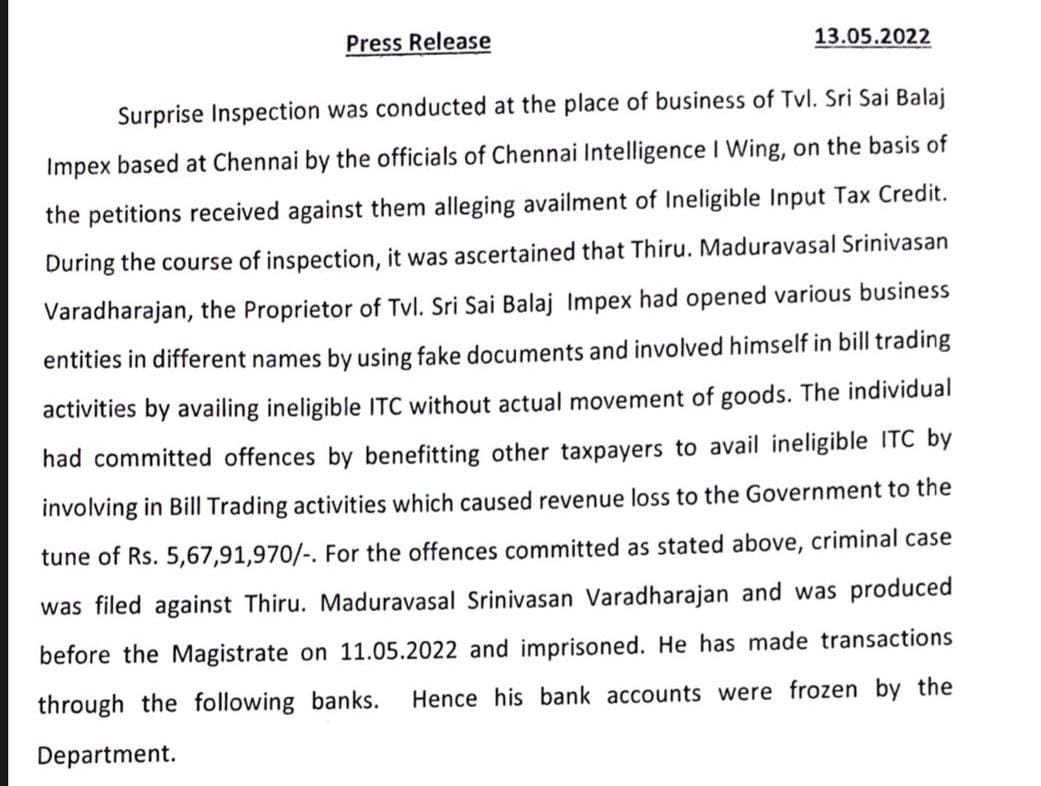 gst_tn's tweet photo. Caption : CTD arrested a person for allegedly involving in Bill trading activities and passing on the benefit of ITC to other taxpayers causing a revenue loss to the government to the tune of Rs. 5.67 crores!! @tngstpa  #TNGST #TNCTD https://t.co/iCF4sLapnZ