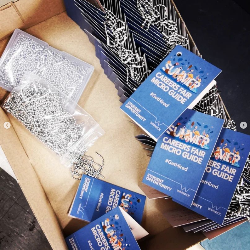 warwickprint's tweet photo. Behold the #microguide - #printed on recycled Manila board, 400 gsm, and folded up is the size of a standard #businesscard, and it comes with a handy chain. This #guide is for @SO_Warwick to advertise their #gethired campaign. After use, the guide should be recycled too. โป๏ธ https://t.co/Mmuod2OhF3