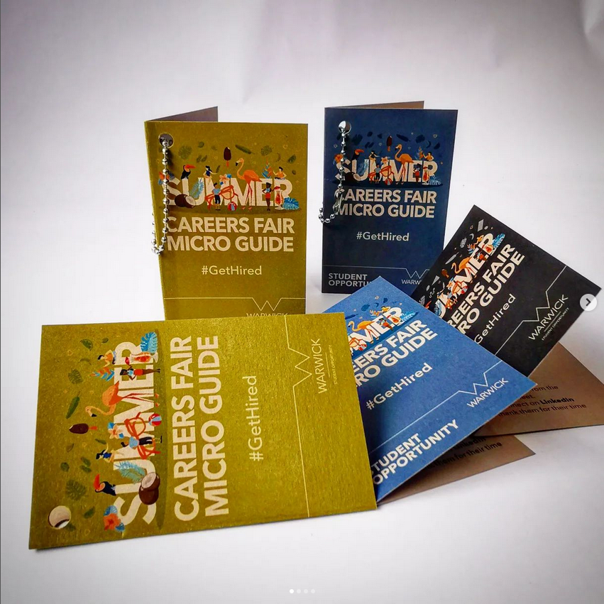 warwickprint's tweet photo. Behold the #microguide - #printed on recycled Manila board, 400 gsm, and folded up is the size of a standard #businesscard, and it comes with a handy chain. This #guide is for @SO_Warwick to advertise their #gethired campaign. After use, the guide should be recycled too. โป๏ธ https://t.co/Mmuod2OhF3
