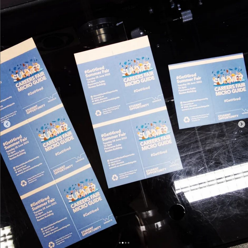 warwickprint's tweet photo. Behold the #microguide - #printed on recycled Manila board, 400 gsm, and folded up is the size of a standard #businesscard, and it comes with a handy chain. This #guide is for @SO_Warwick to advertise their #gethired campaign. After use, the guide should be recycled too. โป๏ธ https://t.co/Mmuod2OhF3