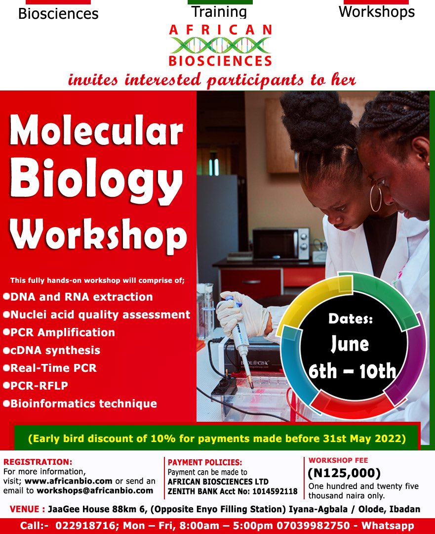 africanbioltd's tweet photo. Come sharpen your hands-on skill with our fully hands-on training workshops for the year 2022 and enjoy unlimited benefits after the workshops like discounts on purchases made and use of lab space.#quantumcomputing #business #molecularbiology https://t.co/CpJeuHtuHO
