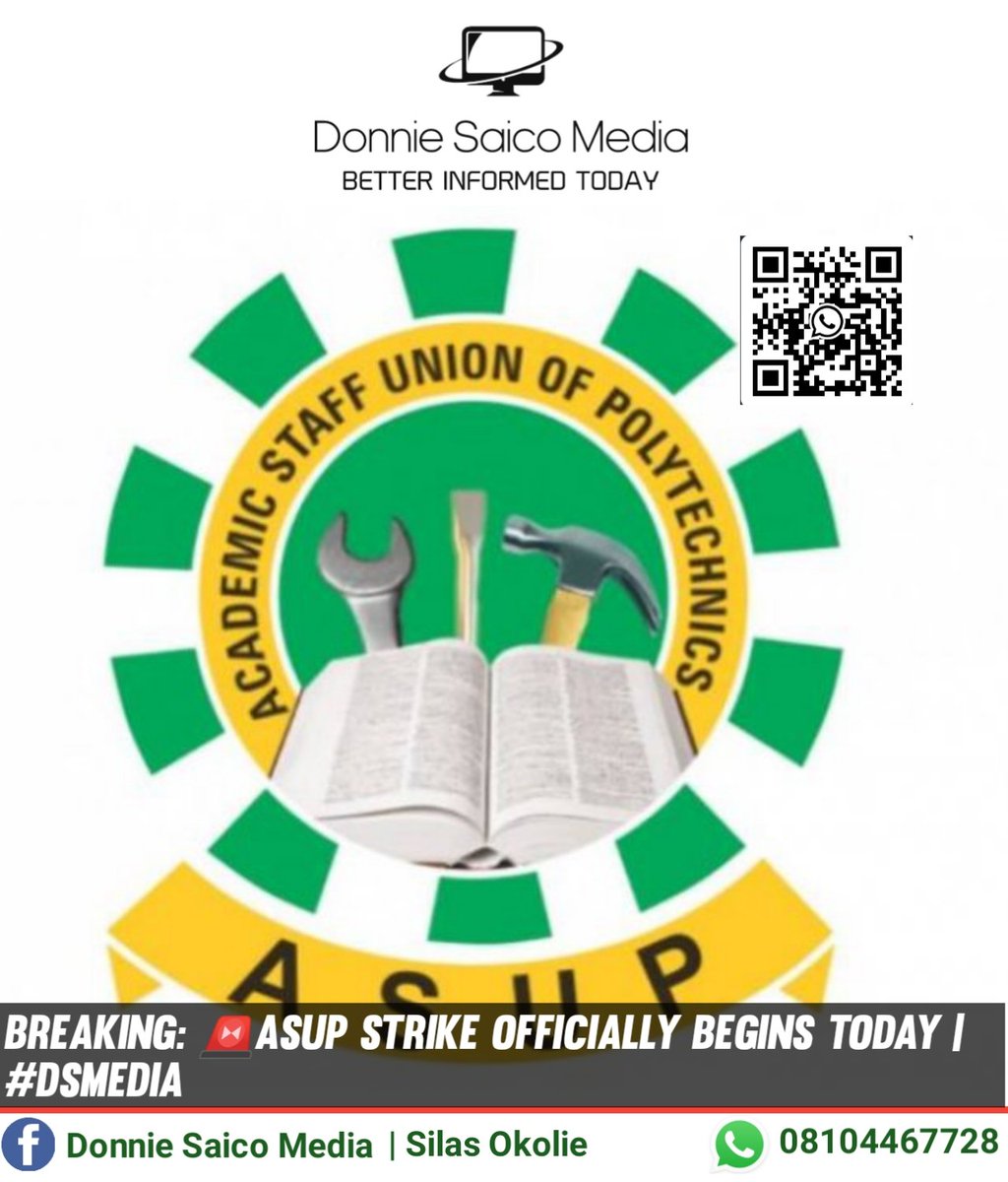 SilasOkolie's tweet photo. #BREAKING: 🚨ASUP Strike Officially Begins Today | #DSMedia
#Asupstrike #asuu #nigeria #education TODAY IS THE DAY #AsuuStrikeUpdate BREAKING NEWS
®~ Donnie Saico Media https://t.co/bklMVbjkdi