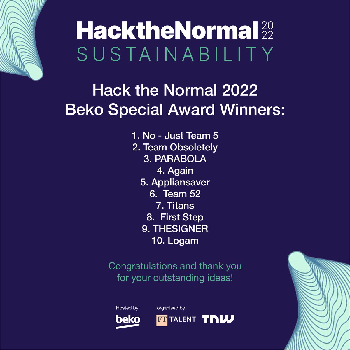 garagehub_'s tweet photo. The results are in everyone! We are so excited to announce the winners of #HacktheNormal2022's challenges🌱

A big thank you to our partners FT Talent, @thenextweb, @Beko &amp; @ArcelikGlobal, and to everyone for their valuable contributions!

#acttogetheractnow https://t.co/u983Zl6r2j