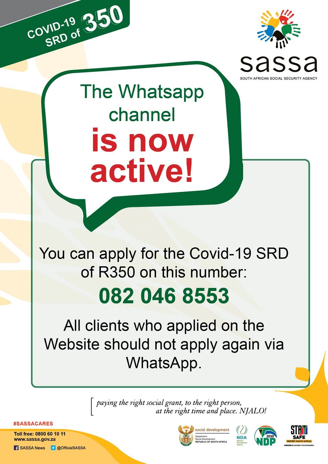 SASSA on X: &ldquo;Our Whatsapp application channel for the special 
