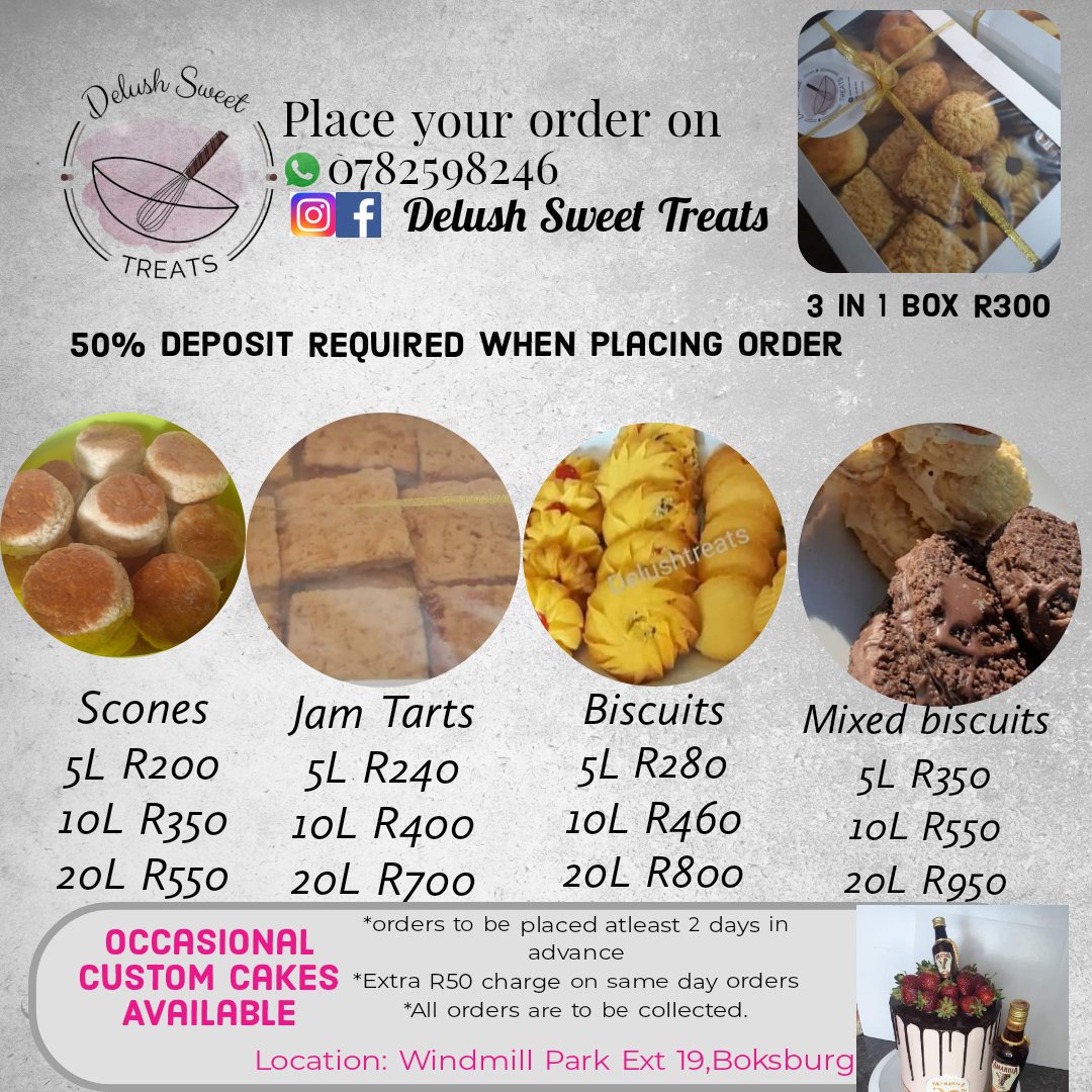 Sharon_Luciah's tweet photo. Nothing beats a cup of tea with our freshly baked Scones and biscuits.
Find contact details and pricelist on the attached pictures. 

Please support a sister, your support will be highly appreciated #ValueForMoney
#GuaranteedFreshness
#SmallBusiness
#GirlTalkZA
#DjSbu https://t.co/NovKY4GxUQ