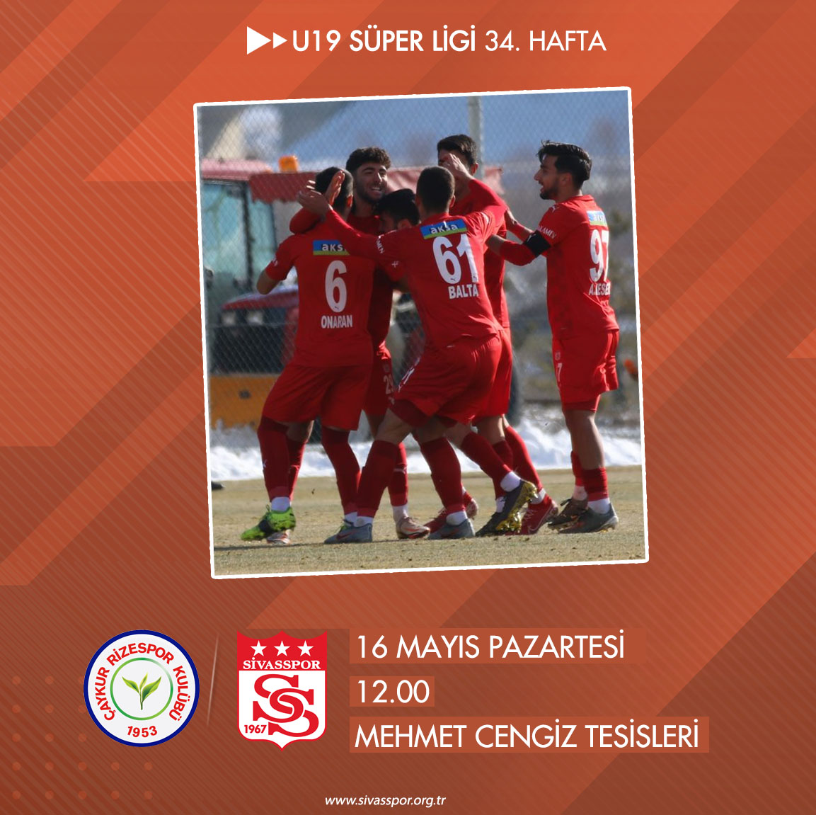 🏆 U19 Süper Ligi 34. Hafta
⚽ Çaykur Rizespor 🆚 Demir Grup Sivasspor
🗓 16 Mayıs Pazartesi
🕛 12.00
🏟️ Mehmet Cengiz Tesisleri
📲  #ÇRSvSVS | #GösterGücünü