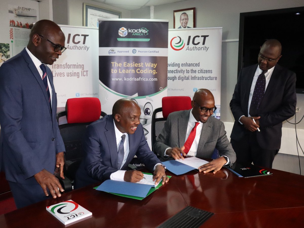 ICTAuthorityKE's tweet image. @ICTAuthorityKE Ag. CEO, Dr. Ronoh and Kodris Africa Founder &amp;amp; Chairman Mwaniki Munuhe signing an MOU which will see Kodris provide a coding curriculum to schools where @ICTAuthorityKE  is implementing the Digital Literacy Programme