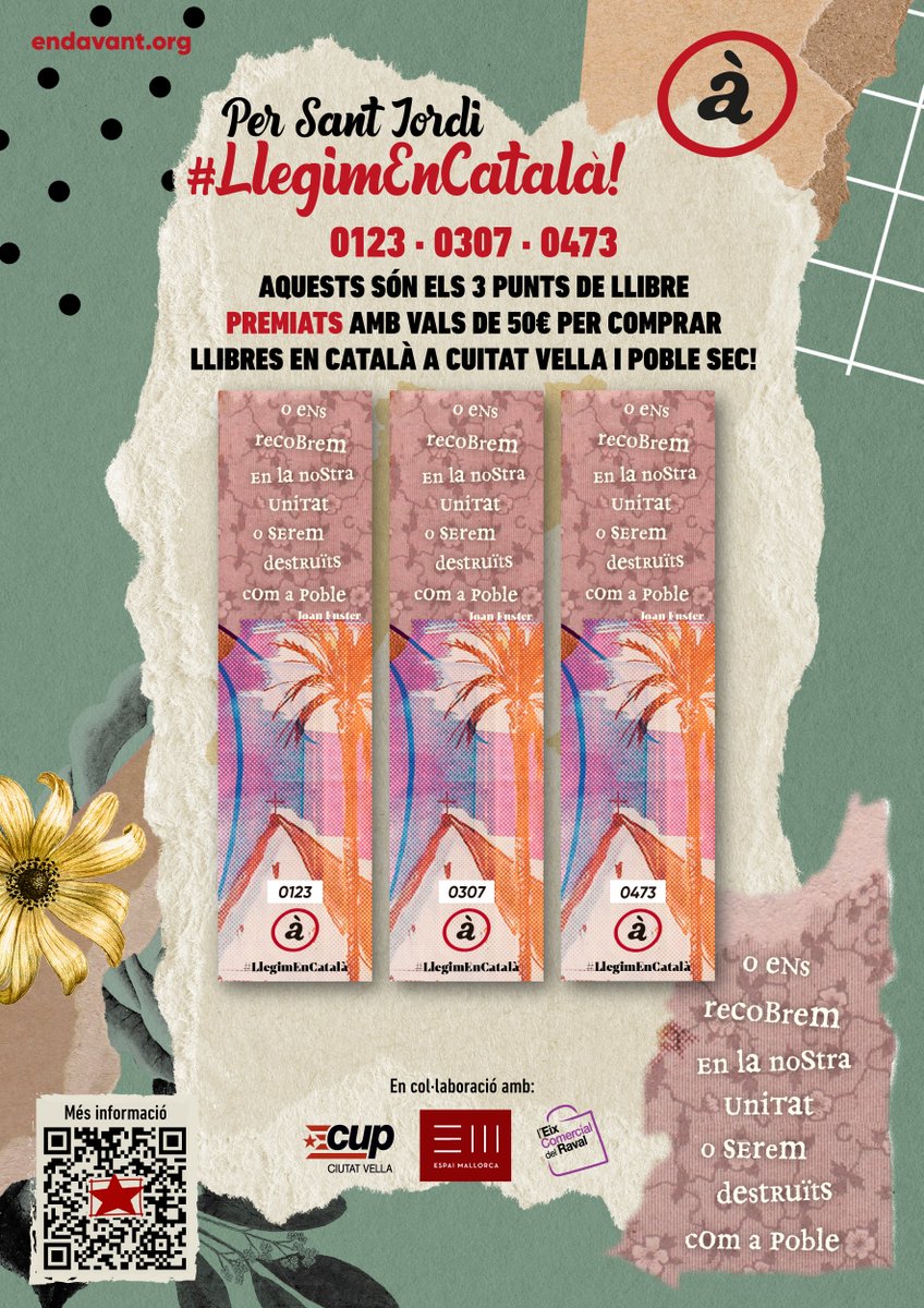 agitpropcv's tweet photo. 🟥#LlegimEnCatalà 0123 • 0307 • 0473

Aquests són els punts de llibre premiats amb vals de 50€ per comprar llibres en català a Ciutat Vella i Poble Sec. Si teniu algun, escriviu-nos per MD aquí o a l'Instagram!

Sempre amb les llibreries de barri i pel català!🤝 https://t.co/RgpgMMvh2e