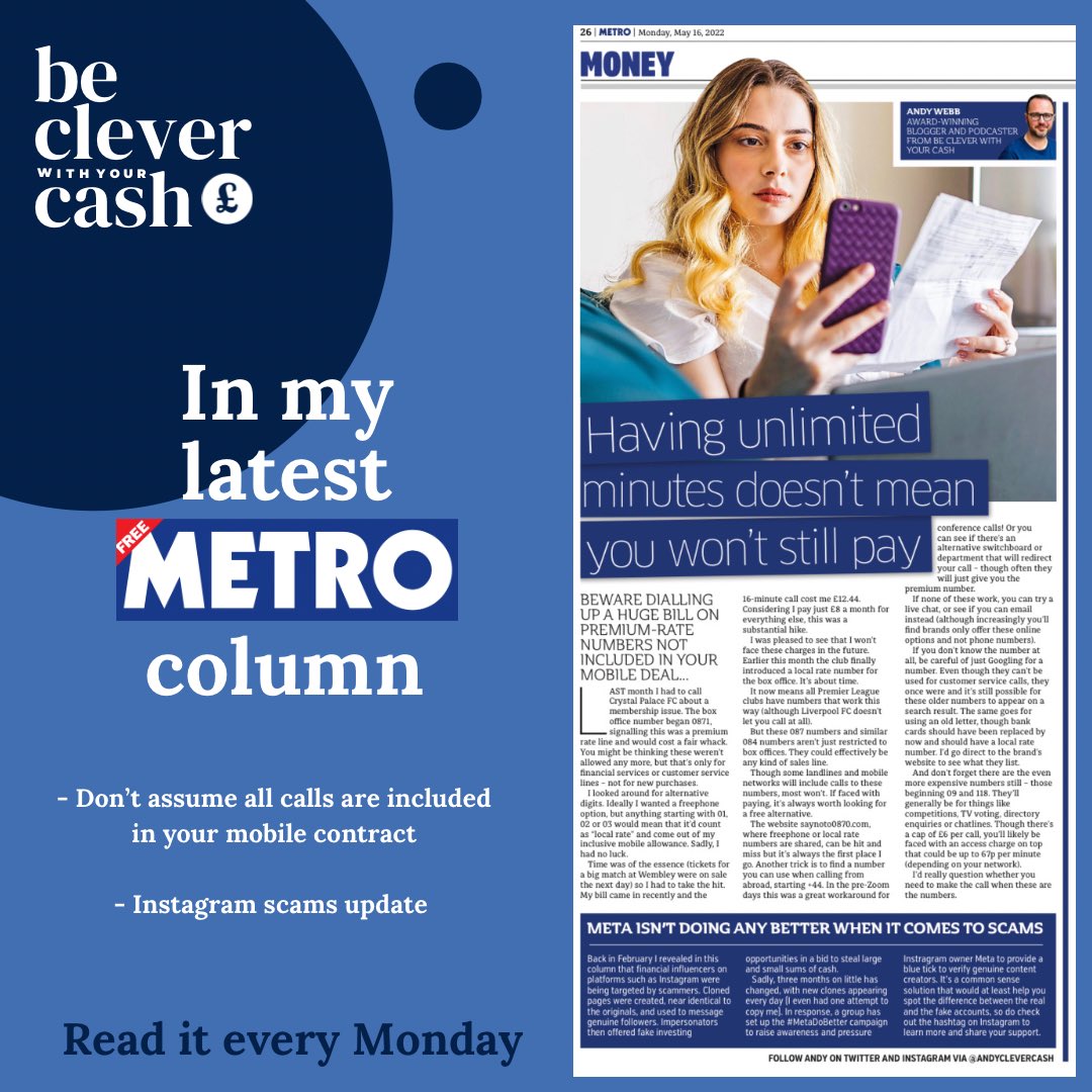 BeCleverCash's tweet photo. My latest Metro column is out today, talking about how to beat expensive premium phone numbers and an update on my Instagram scams article from February #metadobetter
Read in the paper or online https://t.co/d3n2aHSBbI https://t.co/qZz6gobcG9