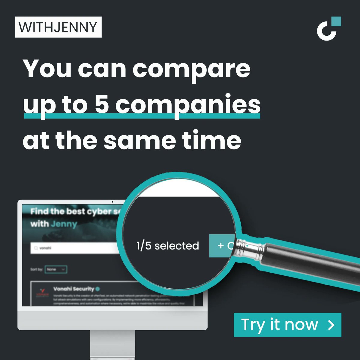 Decipher_Cyber's tweet photo. With Jenny…you can compare up to 5 companies at the same time and find the perfect service for you.

Try the feature now:
https://t.co/oPBdRY4io8

#deciphercyber #jenny #cybersecurity #cybersec #cyberfacts #cybercuriosity #cybersecurityservices https://t.co/AOxpQ6F9OG