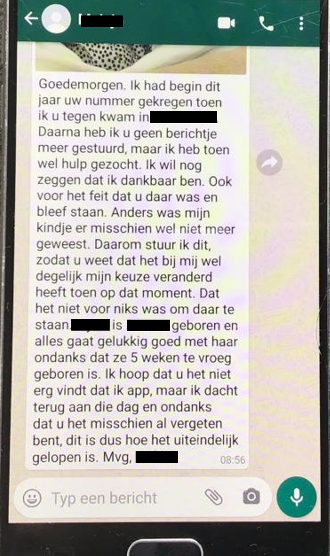 Wat een geweldig bericht via Whatsapp van een zwangere vrouw die is aangesproken voor een abortus kliniek!