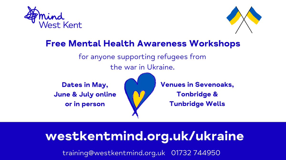 We are running 10 free #mentalhealth awareness workshops for anyone supporting Ukrainian refugees in West Kent including hosts, sponsors &amp; community groups.  🇺🇦

🔹24 May - 8 July
🔹Full details &amp; book online: westkentmind.org.uk/ukraine

#sevenoaks #tonbridge #tunbridgewells