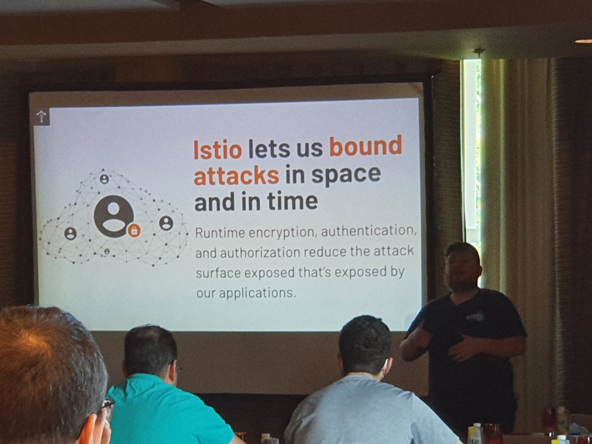 danielbryantuk's tweet photo. Next up at #ServiceMeshDay, @ZackButcher talks about zero trust and @IstioMesh
"Istio lets us bound attacks in space and in time.
At @Tetrateio, one of the killer use case we see is TLS for all services traffic" https://t.co/Oxfl2XUmvC