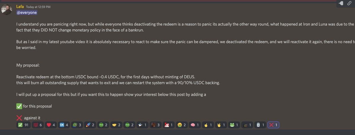 420defi's tweet photo. at which point do you pretend to be a DAO?
because discord votes is surely how DAOs are run these days, amirite?

$DEUS $DEI https://t.co/vLPypTRYU1