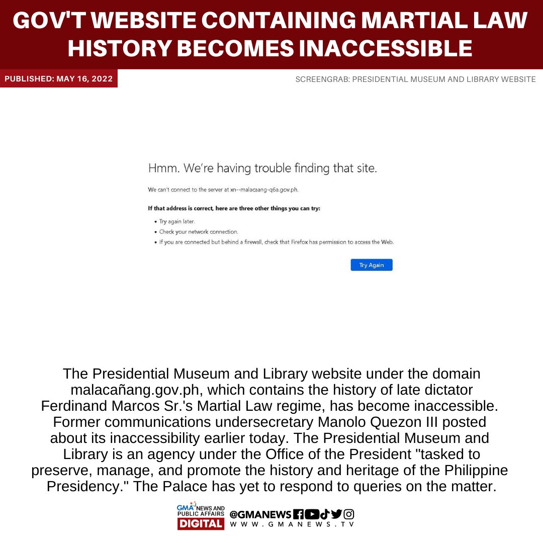 gmanews's tweet photo. The Presidential Museum and Library website under the domain https://t.co/l16yq6YnS3, which contains the history of the late dictator Ferdinand Marcos Sr.'s Martial Law regime, has become inaccessible.

READ: https://t.co/mVWiK1chCY https://t.co/5ZW4VHZlFm