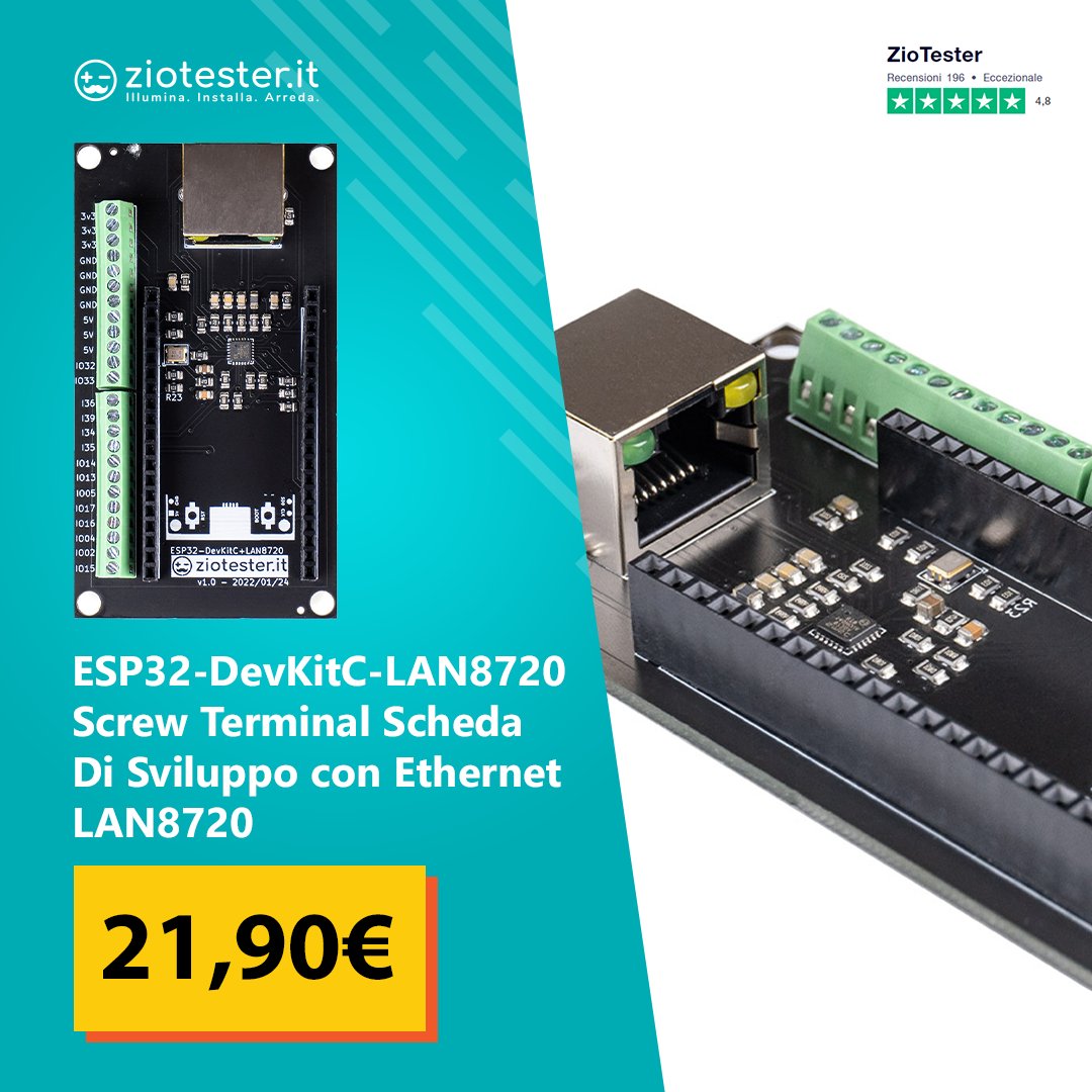 ZioTester's tweet photo. 😎 ESP32 DEVKITC LAN8720 😎
Disponibile sul nostro catalogo la scheda di sviluppo con Ethernet LAN8720!

🔽 CLICCA QUI 🔽
https://t.co/uiZEkoxnEb
.
.
.
.
#ziotester #tecnologia #esp32 #IoT #makers https://t.co/oQuVpvyRY5