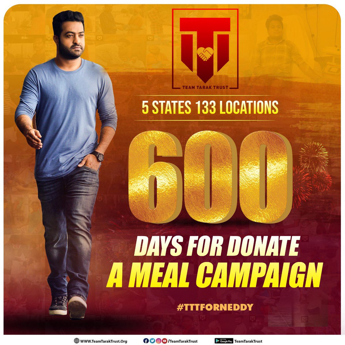 TeamTarakTrust's tweet photo. మీ అందరి సహకారంతో “టీం తారక్ ట్రస్ట్” 5 రాష్ట్రాల్లో 133 లొకేషన్స్ లో చేపట్టిన “డొనేట్ ఏ మీల్” కార్యక్రమం దిగ్విజయంగా 600 రోజులు పూర్తి చేసుకుంది అని చెప్పడానికి గర్వపడుతున్నాం. ఈ కార్యక్రమంలో భాగస్వామ్యం అయన ప్రతి ఒక్కరికి పేరుపేరునా ధన్యవాదములు. (1/2) https://t.co/fX0P83M8K2
