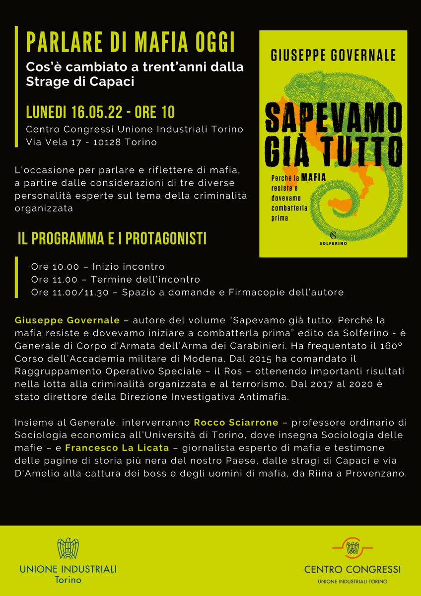 Al via l’evento di oggi ore 10.00 “Parlare di mafia oggi. Cos’è cambiato a trent’anni dalla Strage di Capaci”. Presentazione del volume “Sapevamo già tutto” del Gen. Giuseppe Governale, <a href="/solferinolibri/">solferinolibri</a> 
|<a href="/UITORINO/">Unione Industriali Torino</a>| #ccuisocial #uisocial