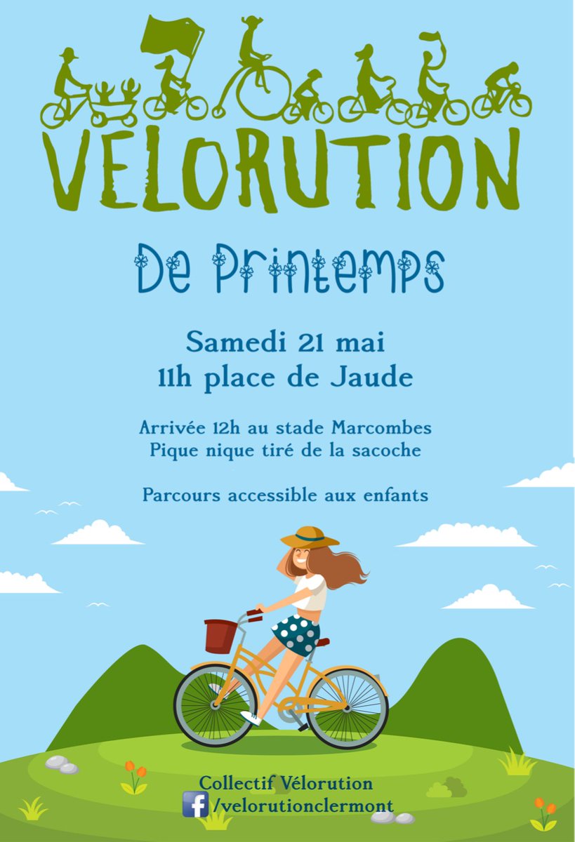 Velocite63's tweet photo. [Clermont] 📢 #Vélorution de Printemps 🚲🌿

Samedi 21 mai - 11h

✅Accessible aux enfants
🟢 Départ Place de Jaude
Balade urbaine via le CUC, via un passage #secret, et #exceptionnellement par la future Coulée Verte de Vallières, pour arriver au magnifique Stade Marcombes👍 https://t.co/Y4kvnV8HN4