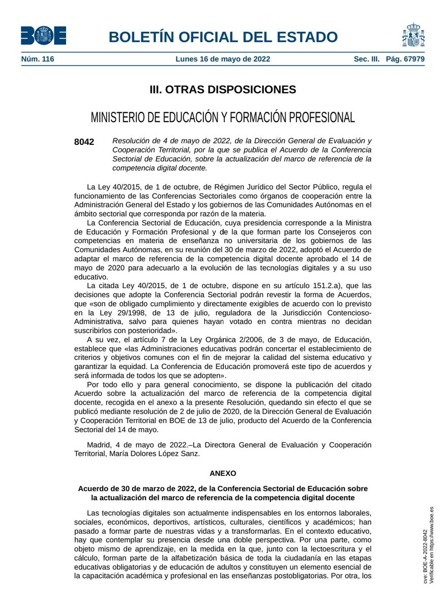 🗣🗣🗣🗣🗣🗣🗣🗣🗣📢📢📢
Publicación en BOE de hoy 16 mayo

MARCO DE REFERENCIA DE LA COMPETENCIA DIGITAL DOCENTE
#MRCDD
🔗boe.es/diario_boe/txt…