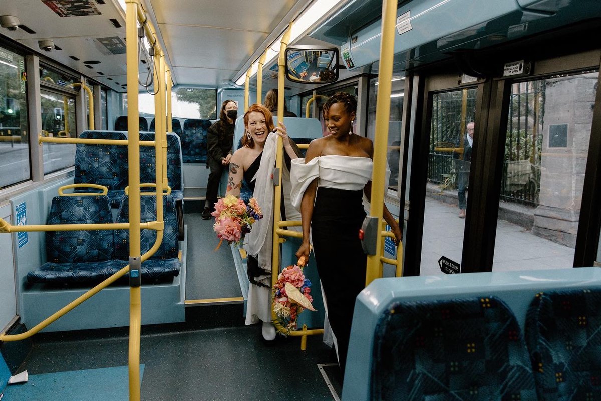 _GraceSavage's tweet photo. Shout out the bus driver who let us hop on for free on our wedding day cuz our feet hurt and cheeky @JackieClune &amp; @PhyllidaLloyd stole our flats 😂 

@KrishanthiPhoto https://t.co/2OWtuf2fcu