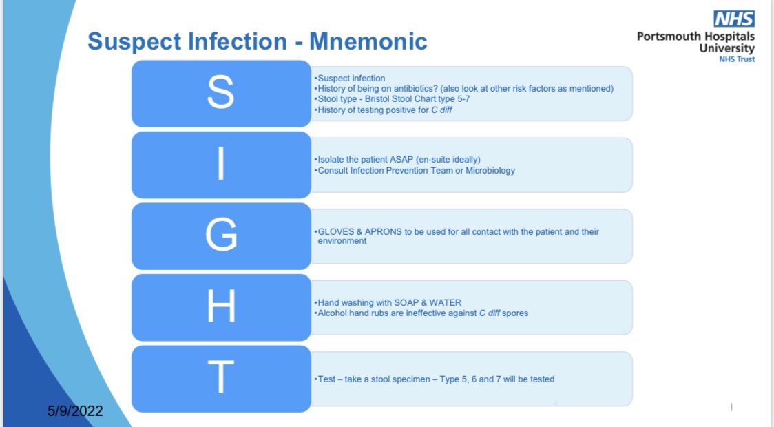 SharonM87630982's tweet photo. Continuing the focus on IPC. Remember the Mnemonic - ‘SIGHT’ if patient has loose stools and suspect infection. It is vital to document when loose stools started. Use PHU Standard Stool Chart. @PHU_Infection @PHUEducation @CClinskills https://t.co/XKy4HFCrRN
