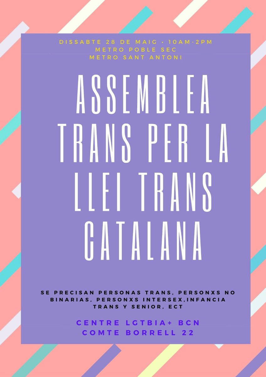 🏳️‍⚧️🏳️‍⚧️🏳️‍⚧️🏳️‍⚧️🏳️‍⚧️🏳️‍⚧️🏳️‍⚧️
👇👇👇👇👇👇👇
28/05/2022 a les 10 h
Convocatòria d’Assemblea Trans per la llei trans Catalana al <a href="/BarcelonaLGTBI/">Centre LGTBI de Barcelona</a>