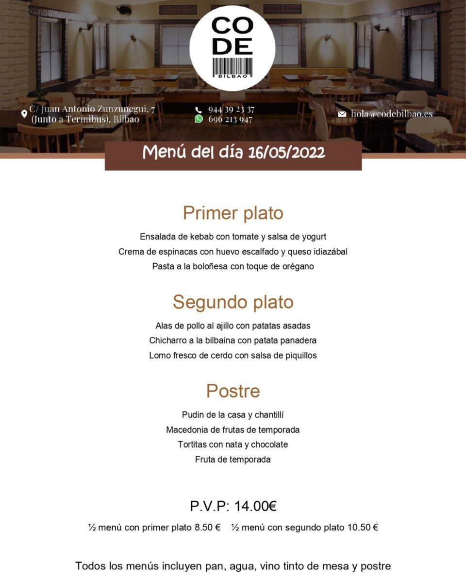 codebilbao's tweet photo. 🍴🥡Aquí tienes nuestro Menú del día🍽️ ¡Te esperamos!

📞 Llámanos 944 39 23 37
📲 Por Whatsapp 696 213 947
✉️Por email a pedidos@codebilbao.es
📌Restaurante: C/ Juan Antonio Zunzunegui, 7 Bilbao

#codebilbao #comerenbilbao #hosteleriasegura #salvemoslahoteleria https://t.co/hjApQ8kO3L