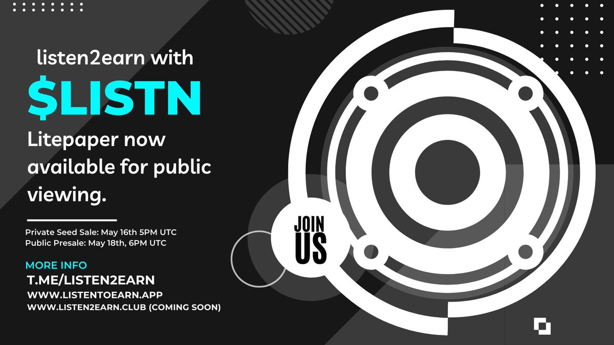Our #Litepaper is now out - listentoearn.app/wp-content/upl…

Our Private seed sale starts in less than 8 hours on our website listentoearn.app

Be sure to join our Telegram Community:
t.me/listen2earn

$LISTN #LISTN #Listen2Earn #DeFi #BSC #BNB  #PinkSale #DXSale