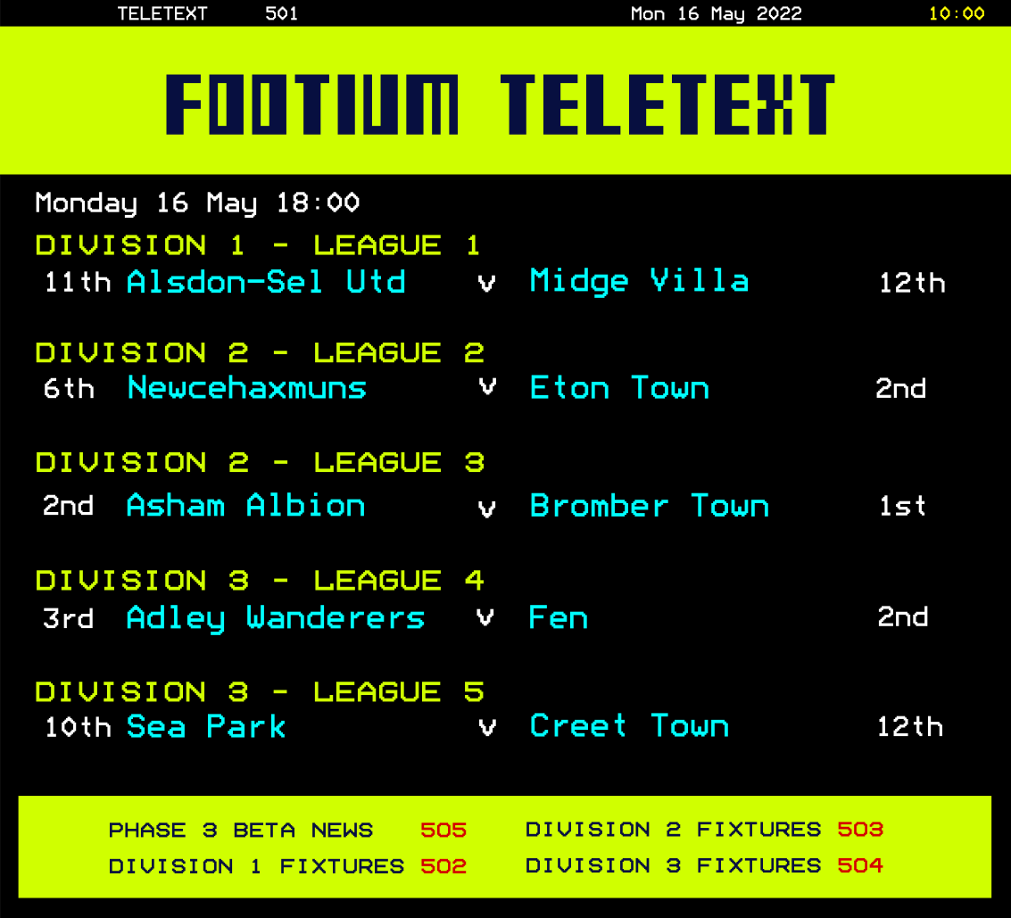 FootiumTeletext's tweet photo. #501 Featured Fixtures @Footium #FFL

Featuring: #AlsdonSelUnited @midgevillafc @FootiumSalesBot #EtonTown #AshamAlbion @BromberTown #AdleyWanderers @FenTownFC @SeaParkFC @CreetTownFC https://t.co/0r7qY0xf9F