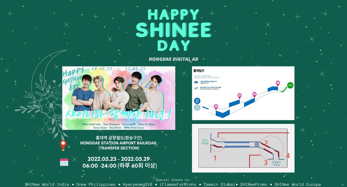 hyeryeong510's tweet photo. 14TH DEBUT ANNIVERSARY 
✩ HAPPY SHINee DAY ✩

📍 위치: 홍대역 공항철도(환승구간)

🗓 5월 23일~5월 29일

⏰ 운영시간 06:00~24:00

🎞 15분마다 4개의 다른 화면이 나옵니다

#SHINee #샤이니
#14년의_빛나는꽃길_함께걸어

#온유 #ONEW #태민 #TAEMIN #종현 #JONGHYUN #민호 #MINHO #키 #KEY https://t.co/fyRpy2UvUo
