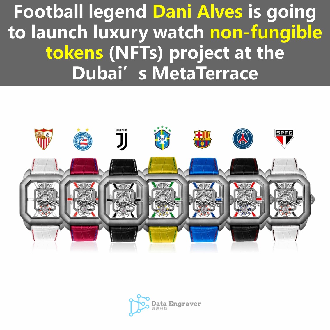 DEngraver's tweet photo. #Football #legend Dani Alves is going to launch #luxury #watch non-fungible tokens (#NFTs) project at the Dubai’s #MetaTerrace. #DaniAlves boasts over 43 #trophies and over 1,000 #professional games, not even matched by a top football player like #Messi. https://t.co/qtw7BOKGv4