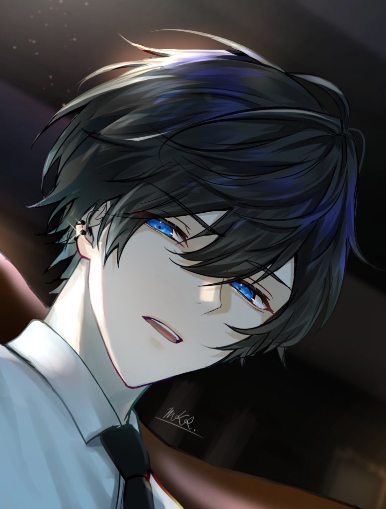 1boy male focus solo blue eyes black hair earrings looking at viewer  illustration images
