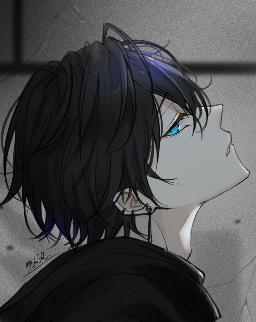 1boy male focus solo blue eyes black hair earrings looking at viewer  illustration images