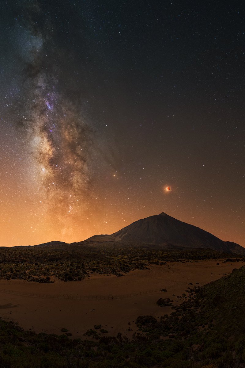 El eclipse de luna sobre el Teide,con la Vía Láctea visible en esos mágicos momentos.