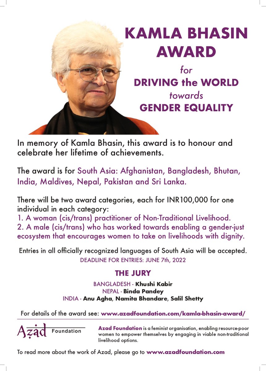 FoundationAzad's tweet photo. We are approaching the deadline...

Hurry and send in your nominations for the Kamla Bhasin Award for "Driving the World Towards Gender Equality" before 07 June 2022!

Read more &amp; download nominations forms here: 
https://t.co/FezoNkXfEh 

#mainhoonazad #nontraditionallivelihoods https://t.co/Edpx5SwajA