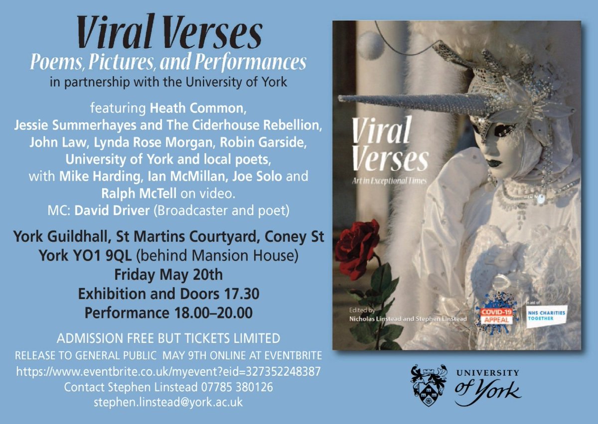 Free to all - poets, music, art and presentation of cheque from University of York to NHS - £3500 raised by the book. At the stunningly renovated York Guildhall - re-opened this week!