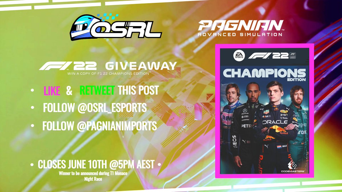 #OSRL x #Pagnian | F1 22 Giveaway 

OSRL IS GIVING AWAY A COPY OF F1 22 CHAMPIONS EDITION!!

To enter, simply;

- Like and RT this post
- Follow us and <a href="/PagnianImports/">Pagnian Simulation</a> 

And that's it! 

Good Luck to all that enter!

#F1 #F122Game #Formula1